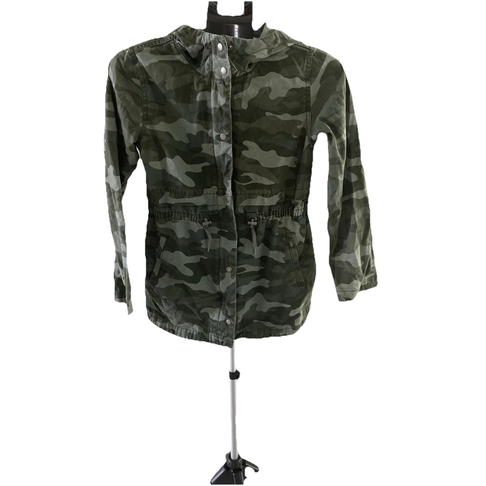Girls XL Camo Utility Jacket Hooded Drawstring Waist Green Military Style Parka